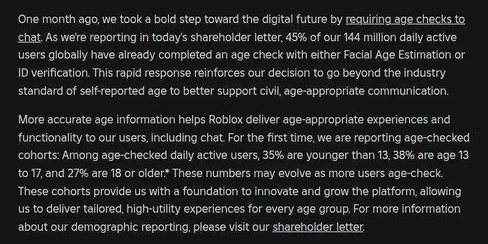 Roblox's official announcement on moving beyond self-reported age