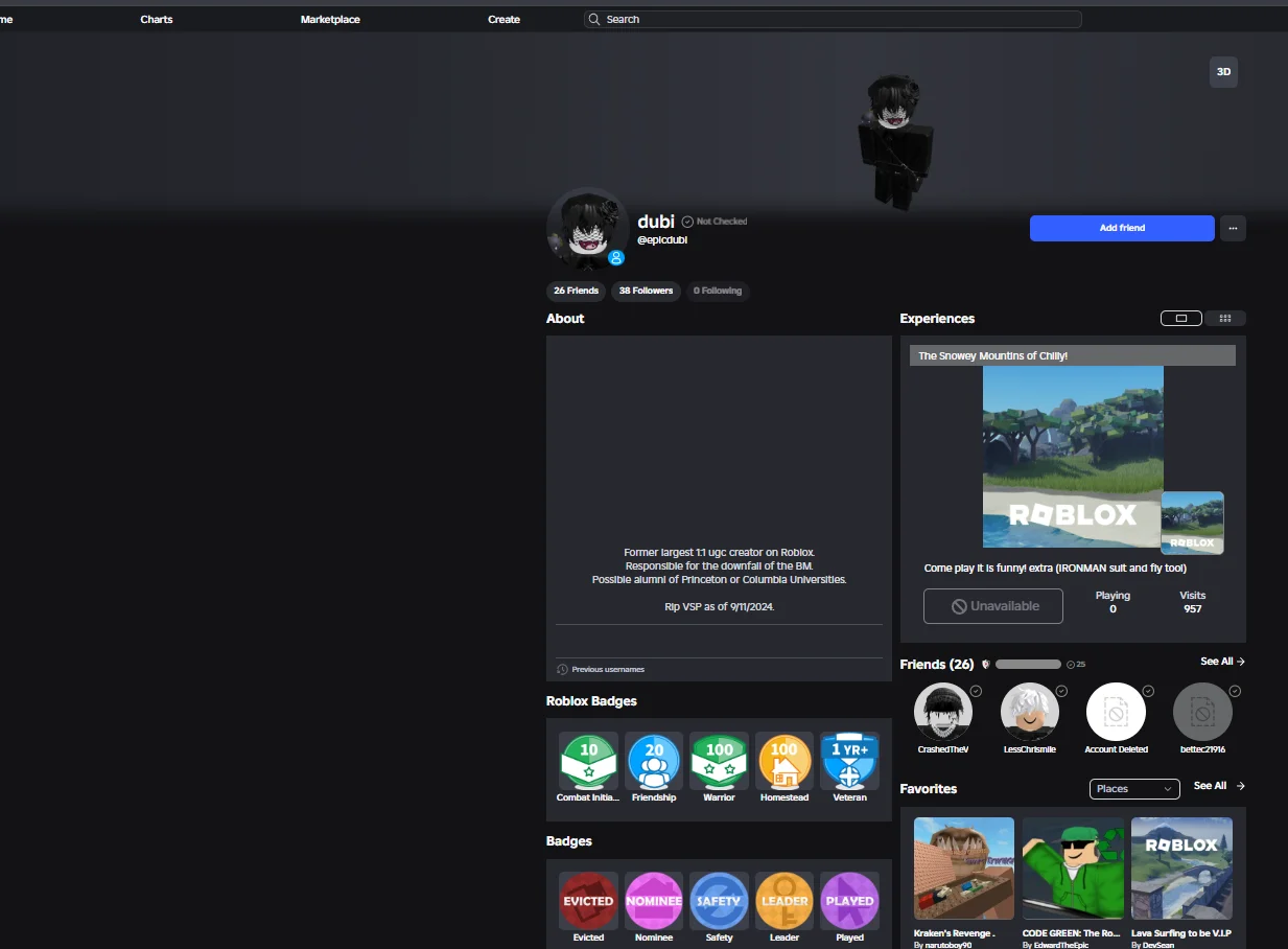 His profile showing Eviction Notice badges