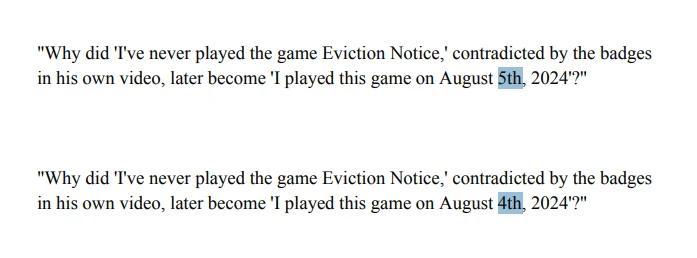 The same line from two versions of his rebuttal, with the date changed
