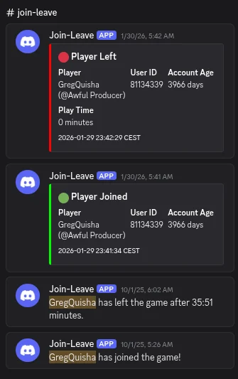 Join/leave logs showing 35:51 minutes